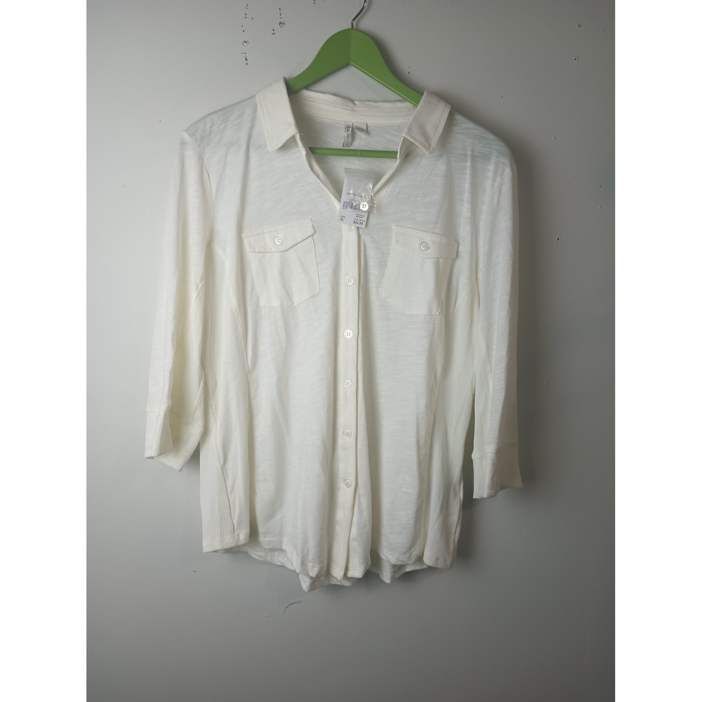Cato Ivory Breeze Slub Knit Button Down Top XL NWT Ribbed Side Panels